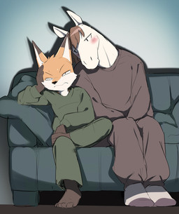 5_toes annoyed anthro barefoot blush brown_hair duo feet fur furniture hair half-closed_eyes inside male narrowed_eyes orange_body orange_fur sitting sofa toes white_body white_fur manmosu_marimo junior_horse senior_fox canid canine equid equine fox horse mammal 2026 japanese_description