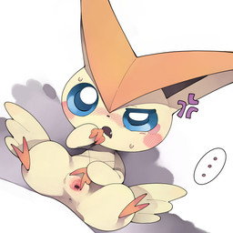 annoyed anthro anus blue_eyes blush blush_lines bodily_fluids clitoral_hood clitoris cross-popping_vein ellipsis female genitals glistening glistening_eyes simple_background solo speech_bubble spread_vulva spreading sweat sweatdrop vulva white_background young youjomodoki nintendo pokemon generation_5_pokemon legendary_pokemon pokemon_(species) victini 2026 hi_res