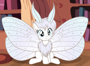 antennae_(anatomy) chest_tuft female fluffy insect_wings sitting smile solo spread_wings tuft wings badumsquish hasbro my_little_pony fan_character fluf_(mlp) arthropod equid equine horse hybrid insect lepidopteran mammal moth mothpony pony hi_res