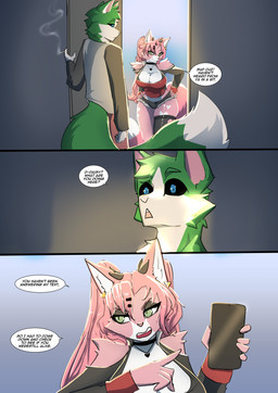 anthro big_breasts black_clothing black_legwear black_sclera black_thigh_highs blue_eyes breasts cellphone cleavage clothed clothed_anthro clothing collar cosplay dialogue drugs duo electronics female fur green_body green_eyes green_fur hair holding_object holding_phone inner_ear_fluff legwear light long_hair male multicolored_body multicolored_fur phone pink_body pink_fur pink_hair ponytail smartphone smoking smug speech_bubble sunlight text thick_thighs thigh_highs tuft two_tone_body two_tone_fur white_body white_fur lizzard_sama nintendo pokemon daisy_(katson) shadow_(katson) felid feline generation_9_pokemon mammal pokemon_(species) sprigatito 2025 absurd_res comic english_text hi_res cousins_(lore)