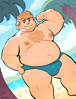 anthro beach beard blue_clothing body_hair bulge chest_hair clothing detailed_bulge erection facial_hair flexing flexing_bicep fur horn male nipples overweight overweight_male pink_nipples small_horn smile solo speedo standing swimwear yellow_body yellow_fur bronaai oliver_baaple bovid caprine mammal sheep absurd_res hi_res