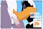 3:2 anatid anseriform anthro avian beak bird black_body black_feathers border buckteeth bugs_bunny chicobo cuckquean daffy_duck duck duo erection eyes_closed feathers female genitals humanoid_genitalia humanoid_penis interspecies lagomorph leporid licking lola_bunny long_ears looney_tunes male male/male male_focus mammal oral penile penis penis_lick rabbit sex smile teeth text texting tongue warner_brothers white_border