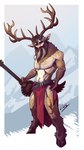 antlers arm_hair beard blue_eyes body_hair bottomwear chest_hair clothed clothing facial_hair grey_hair greying_hair hair happy_trail holding_object hooves horn loincloth loincloth_only looking_at_viewer male musical_instrument navel nipples pecs solo topless lluisabadias animal_humanoid cervid_satyr cervine deer deer_humanoid humanoid mammal mammal_humanoid satyr 2023 9:16 absurd_res hi_res