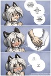 anthro blush clothed clothing dialogue female fur hair hand_holding solo speech_bubble text thought_bubble topwear conditional_dnp jay_naylor heather_(jay_naylor) felid mammal pantherine snow_leopard 2023 comic digital_media_(artwork) english_text hi_res