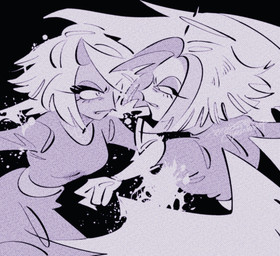 black_background blood bodily_fluids duo feathered_wings feathers female fight not_furry simple_background wings yasutak1192 hazbin_hotel hellaverse lute_(hazbin_hotel) vaggi_(hazbin_hotel) angel angel_humanoid humanoid hi_res monochrome