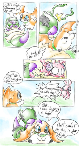 antennae_(anatomy) anthro beak biped blue_eyes chibi claws clothing earmuffs female feral footwear fur green_body head_wings headgear kemono long_ears membrane_(anatomy) membranous_wings orange_body quadruped scarf segmented_body speech_bubble stinger stinger_tail tail text unusual_wing_placement vore wings bakothemimic bandai_namco digimon nintendo pokemon pokemon_mystery_dungeon spike_chunsoft arthropod cutemon digimon_(species) dokunemon insect lagomorph leporid mammal patamon rabbit comic hi_res