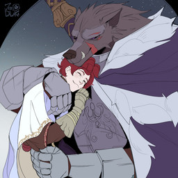 anthro armor biped breastplate clothing duo eyes_closed facial_scar fangs fur gauntlets gloves grey_body grey_fur hair handwear hug hugging_another larger_anthro larger_male male male/male male_anthro purple_eyes red_hair scar size_difference smaller_human smaller_male smile teeth jacqui_clk elden_ring fromsoftware blaidd_(elden_ring) canid canine canis human mammal wolf 1:1 2024 digital_media_(artwork) flat_colors hi_res