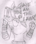 anthro armor big_breasts breasts clothed clothing cosplay crossdressing crossover_cosplay female gun headgear helmet ranged_weapon solo text the_lawgiver_(judge_dredd) weapon wedgeskyrocket corruption_of_champions judge_dredd_(franchise) judge_dredd_(character) urta canid canine fox mammal crossover english_text monochrome sketch