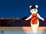 anthro black_hair blue_eyes blush breasts building city cityscape clothed clothing female fur hair light looking_at_viewer medium_breasts night outside sky smile solo standing star white_body white_fur wide_hipped_female wide_hips nonyammychoko animal_crossing nintendo pekoe_(animal_crossing) bear mammal 2021 4:3 shaded signature