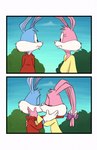 2022 2_panel_comic 2koma 4_fingers anthro babs_bunny black_eyes blue_body blue_fur blue_hair blue_sky bow_(feature) bow_accessory bow_ribbon buckteeth buster_bunny cheek_tuft clothed clothing cloud comedy_central comic countershading drawn_together duo ear_bow ear_pull eye_contact eyelashes eyes_closed facial_tuft female fingers fur gloves hair hand_on_back hand_on_cheek hand_on_face handwear head_tuft hi_res humor kiss_on_lips kissing lagomorph leporid long_ears long_sleeves looking_at_another male mammal mouth_closed outside passionate pink_body pink_fur pink_hair pink_inner_ear pink_nose plant pupils purple_bow purple_eyes rabbit red_clothing shrub sibling_(lore) side_view sky teeth teeth_showing tiny_toon_adventures true_love tuft twin_bows twin_ear_bows vsdrawfag warner_brothers white_body white_clothing white_countershading white_fur white_gloves white_handwear yellow_clothing young