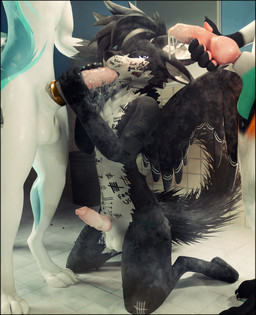 animal_genitalia animal_penis anthro balls black_body black_border blush bodily_fluids body_writing border canine_genitalia clothed clothing cum cum_drip cum_dripping_from_penis cum_everywhere cum_in_mouth cum_inside cum_on_face cum_on_penis degradation degradation_kink degradation_text degraded dripping duo ejaculation equine_genitalia erection fellatio fur genital_fluids genitals group hair jewelry knot licking looking_pleasured male male/male male_penetrating markings messy oral orgasm penetration penile penis sex simple_background skimpy slutty_face submissive tail text tongue trio white_body white_fur wings writing_on_butt lill_esp abiboi_(modeler) deuzear 3d_(artwork) absurd_res blender_(artwork) digital_media_(artwork) english_text hi_res