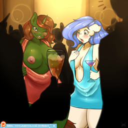 5_fingers :o alcohol anthro anthrofied areola beverage big_breasts blue_eyes blue_hair blush breast_size_difference breasts brown_hair clothed clothing container crowd cup dress drinking_glass duo_focus erect_nipples exhibitionism exposed_breasts eyebrows eyelashes female fingers flashing floppy_ears glass glass_container glass_cup green_eyes group hair holding_object horn inside looking_at_viewer navel nipples one_eye_closed open_mouth patreon_logo public silhouette standing teeth text thick_thighs tongue tongue_out website_logo wine_glass wink geeflakes hasbro my_little_pony mythology patreon fan_character earth_pony equid equine horse mammal mythological_creature mythological_equine pony unicorn 1:1 2015 url