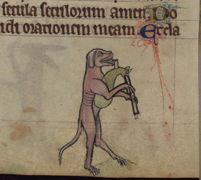 ambiguous_gender bagpipes black_eyes emaciated feral floppy_ears holding_object illuminated_manuscript inked knock-kneed looking_up manuscript marginalia musical_instrument on_hind_legs orange_body parchment paws playing_music ribs sharp_teeth side_view simple_background solo stain standing tail teeth text thin_tail upright_feral wind_instrument woodwind_instrument unknown_artist public_domain canid canine canis domestic_dog mammal 13th_century ancient_art cropped latin_text line_art middle_english_text