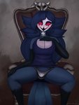 anthro armchair blush bulge chair clothed clothing crossdressing female_stolas femboy furniture jewelry looking_at_viewer looking_pleasured male necklace slim solo spread_legs spreading thick_thighs wig grishnax helluva_boss stolas_(helluva_boss) avian bird demon owl absurd_res hi_res