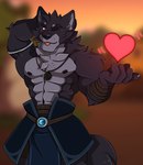 abs anthro blep blurred_background blush body_hair chest_hair chest_tuft claws clothed clothing eye_scar facial_scar finger_claws fur glowing_heart hand_behind_head head_tuft heart_symbol jewelry male multicolored_body multicolored_fur muscular muscular_anthro muscular_male neck_tuft nipples one_eye_closed pendant red_heart scar solo tongue tongue_out topless topless_anthro topless_male tuft two_tone_body two_tone_fur kael_tiger marcydragonwolf far_beyond_the_world_(series) vulgor_(far_beyond_the_world) canid canine canis mammal wolf