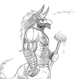 anthro broom cleaning_tool holding_broom holding_cleaning_tool holding_object male muscular muscular_anthro muscular_male pecs side_view simple_background solo speech_bubble standing crazydrak mythology dragon mythological_creature mythological_scalie scalie hi_res monochrome