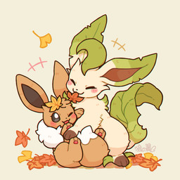 3_toes ambiguous_gender autumn autumn_leaves blush blush_stickers brown_body brown_ears brown_fur brown_inner_ear brown_markings brown_paws brown_tail digitigrade dipstick_tail duo eyelashes eyes_closed feet feral fluffy fluffy_tail fur ginkgo_leaf_(plant) gloves_(marking) green_body green_ears green_tail grey_eyes head_tuft hug leaf leaf_in_mouth leaf_on_head leg_markings markings mouth_hold neck_tuft one_eye_closed open_mouth open_smile pawpads paws pink_pawpads plant quadruped simple_background sitting smile socks_(marking) tail tail_between_legs tail_markings tan_body tan_fur text toes tuft white_background white_body white_fur white_markings white_tail white_tail_tip wolfwithwing nintendo pokemon eevee eeveelution elemental_creature flora_fauna generation_1_pokemon generation_4_pokemon leafeon mammal pokemon_(species) 1:1 chromatic_aberration digital_media_(artwork) hi_res signature