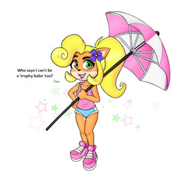 accessory anthro blonde_hair blue_bottomwear blue_clothing blue_shorts bottomwear camel_toe clothing dialogue female flower flower_in_hair fur green_eyes hair hair_accessory holding_parasol hotpants lipstick looking_at_viewer makeup orange_body orange_fur parasol pink_clothing pink_shirt pink_tank_top pink_topwear plant ponytail shirt shorts simple_background solo tank_top text topwear white_background cinnachurroz activision crash_bandicoot_(series) coco_bandicoot bandicoot mammal marsupial 2023 english_text hi_res