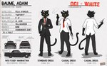 alcohol anthro beverage car cigarette clothing cocktail cocktail_glass container cup dress_shirt drinking_glass food fruit glass glass_container glass_cup gun male martini necktie olive_(fruit) plant ranged_weapon shirt smoking solo suit text topwear vehicle weapon posspowered domestic_cat felid feline felis mammal english_text hi_res model_sheet