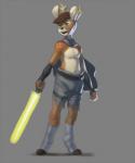 anthro biped bottomwear cape clothed clothing fur hair holding_object holding_weapon jedi lightsaber male melee_weapon shorts solo standing topless weapon yellow_lightsaber stealthnachos star_wars deer mammal