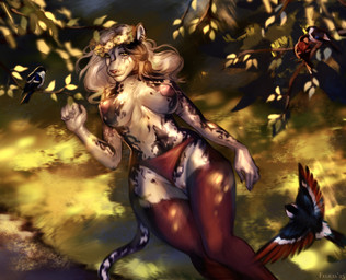 5_fingers anthro areola beak breasts clothed clothing clothing_aside ear_piercing ear_ring feathers female feral fingers flower flower_crown fur genitals grass hair looking_at_viewer lying nature nature_background nipples on_back outside panties panties_aside panties_only piercing plant ring_piercing smile tail topless topless_anthro topless_female underwear underwear_aside underwear_only vulva felicia_cat avian bird domestic_cat felid feline felis mammal digital_media_(artwork) hi_res