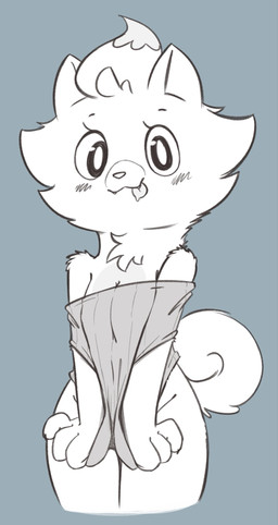 anthro blush bodily_fluids breasts claws covering covering_crotch dripping eyelashes fangs female fur hair innocent_expression looking_at_viewer saliva saliva_drip simple_background small_breasts solo tail teeth tongue tongue_out young young_anthro young_female theartmanor nintendo pokemon pokemon_winds_and_waves canid canine generation_10_pokemon mammal pokemon_(species) pombon 2026 hi_res