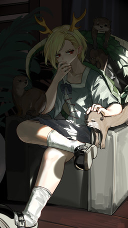 ambiguous_feral ambiguous_gender antlers barbel_(anatomy) black_clothing black_footwear black_shoes blonde_hair blue_bottomwear blue_clothing blue_shirt blue_skirt blue_topwear bottomwear clothing female female_humanoid feral footwear green_tail group hair hand_on_head horn looking_at_viewer red_eyes shadow shirt shoes sitting skirt socks tail topwear under_shade whiskers white_clothing white_footwear white_socks yellow_antlers kouroukun mythology touhou yachie_kicchou animal_humanoid dragon dragon_humanoid eastern_dragon eastern_dragon_humanoid humanoid mammal mustelid mythological_creature mythological_scalie otter scalie 4k 9:16 absurd_res hi_res