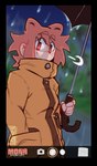 animal_ears anthro blurred_background breasts camera_hud clothed clothed_anthro clothed_female clothing coat eye_through_hair eyebrow_through_hair eyebrows female fingers front_view hair hand_in_pocket holding_object holding_umbrella light_body light_skin orange_ears orange_eyebrows orange_eyes orange_hair orange_text outside pockets raincoat raining solo text topwear translucent translucent_hair umbrella white_text derpyfox_36 mona_(derpyfox_36) animal_humanoid canid canid_humanoid canine canine_humanoid humanoid mammal mammal_humanoid tanuki_humanoid 2023 absurd_res digital_drawing_(artwork) digital_media_(artwork) english_text hi_res portrait three-quarter_portrait watermark
