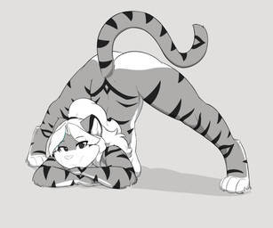 anthro ass_up breasts butt eyebrow_through_hair eyebrows feet female hair jack-o'_pose nude ponytail pose smile solo striped_body stripes translucent translucent_hair infinitedge aegis_(infinitedge) felid mammal pantherine tiger 2025 hi_res monochrome