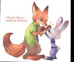 anthro barefoot blush claws clothing dialogue duo eyes_closed feet female fur gesture green_eyes high_five long_ears male orange_body orange_fur pawpads police police_uniform simple_background size_difference smile text uniform kuo0 disney zootopia judy_hopps nick_wilde canid canine fox lagomorph leporid mammal rabbit red_fox true_fox 2016 english_text