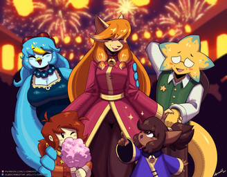 4_fingers 5_fingers anthro asian_clothing beak bell bell_collar big_breasts blue_body blue_feathers blue_fur blue_hair blush bottomwear breasts brown_body brown_fur brown_hair candy claws cleavage clothed clothing collar cowboy_hat curvy_figure dessert east_asian_clothing eating eyes_closed fangs feathered_wings feathers female fingers fireworks food fur group hair hand_on_shoulder hands_behind_back hat headgear headwear huge_breasts japanese_clothing jewelry kimono lamp lantern long_hair male male/female multicolored_hair necklace one_eye_closed open_mouth orange_hair outside pants ponytail purple_eyes shirt smile snout standing star tail teeth tongue topwear white_eyes wings yellow_beak yellow_body lyorenth-the-dragon undertale undertale_(series) undertale_yellow ceroba_ketsukane clover_(undertale_yellow) kanako_ketsukane martlet_(undertale_yellow) starlo_(undertale_yellow) avian bird canid canine fox human humanoid mammal monster digital_media_(artwork)