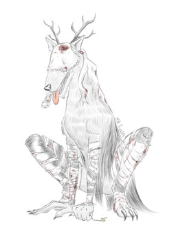 anthro bandage blood bodily_fluids claws feet female fur grey_body grey_fur horn jewelry pendant saliva simple_background sitting solo tongue tongue_out transformation mr_fuwa bloodborne fromsoftware sony_corporation sony_interactive_entertainment vicar_amelia canid canine humanoid mammal absurd_res hi_res