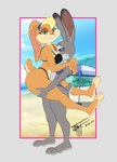 anthro anthro_on_anthro beach bikini biped breasts buckteeth butt carrying_another carrying_partner clothing duo feet female female/female female_anthro fingers fur grey_body looking_at_viewer outside plantigrade purple_eyes sand seaside sky smile standing swimwear tail teeth toes two-piece_swimsuit water taka_studio disney looney_tunes taller_lesbian_and_shorter_lesbian warner_brothers zootopia judy_hopps lola_bunny lagomorph leporid mammal rabbit 2023 crossover digital_media_(artwork) hi_res signature