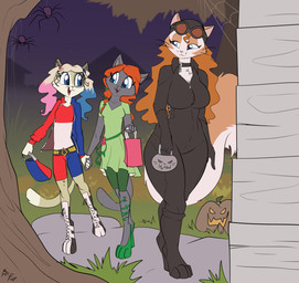 age_difference anthro biped black_bodysuit black_clothing black_skinsuit blonde_hair blue_bottomwear blue_clothing blue_eyes blue_highlights blue_jacket blue_shorts blue_topwear bodysuit bottomwear breasts choker closed_smile clothed clothing cosplay costume crop_top digitigrade ear_accessory eyewear eyewear_on_head female fluffy fluffy_tail footwear fur goggles goggles_on_head grey_body grey_fur group hair halloween_costume hand_holding highlights_(coloring) holidays jack-o'-lantern jacket jewelry larger_female long_hair looking_at_another looking_back looking_back_at_another mature_female medium_breasts mouth_closed multicolored_bottomwear multicolored_clothing multicolored_shorts multicolored_topwear necklace night older_female open_mouth open_smile outside pigtails pink_highlights pink_nose plant red_bottomwear red_clothing red_hair red_jacket red_shorts red_topwear shirt shorts size_difference skinsuit small_breasts smaller_female smile standing tail tight_clothing topwear tree trick-or-treating trio two_tone_bottomwear two_tone_clothing two_tone_jacket two_tone_shorts two_tone_topwear whiskers young young_anthro young_female younger_female fuf batman_(series) dc_comics halloween alicia_(neoshard) catwoman claire_(neoshard) harley_quinn poison_ivy_(dc_comics) rosie_(neoshard) domestic_cat felid feline felis mammal 2018 hi_res daughter_(lore) mother_(lore) mother_and_child_(lore) mother_and_daughter_(lore) parent_(lore) parent_and_child_(lore) parent_and_daughter_(lore) sibling_(lore) sister_(lore) sisters_(lore)