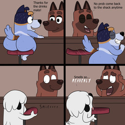 anthro bar bar_stool big_butt black_ears black_eyes black_nose blue_body blue_ears blue_fur blue_tail bodily_fluids brown_body brown_ears brown_fur brown_nose brown_tail butt dialogue exclamation_point fur furniture group hair hand_on_head hand_on_own_head hands_on_own_head happy licking looking_at_another male male/male multicolored_body multicolored_fur multicolored_tail on_stool one_ear_up rear_view shocked sitting sitting_on_stool smile sniffing sniffing_seat standing stool sweat tail teeth text text_emphasis thick_thighs three-quarter_view tongue tongue_out trio two_tone_body two_tone_fur walking white_body white_fur white_hair white_tail colossalstars bluey_(series) stripe_heeler australian_cattle_dog canid canine canis cattledog domestic_dog herding_dog mammal pastoral_dog 1:1 2026 absurd_res comic digital_media_(artwork) english_text hi_res