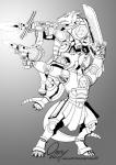 armor duo gun jet_pack machine male melee_weapon power_armor ranged_weapon science_fiction sword tail weapon omny87 mythology dragon mythological_creature mythological_scalie scalie black_and_white monochrome