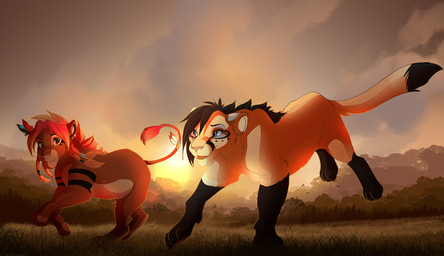 ambiguous_gender black_hair blue_eyes day detailed_background duo female feral grass hair open_mouth outside paws pink_hair plant red_eyes sky smile sun teeth kitchiki domestic_cat felid feline felis lion mammal pantherine hi_res