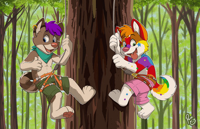 anthro blue_eyes bottomwear brown_body brown_fur climbing clothed clothing duo ear_piercing ear_ring fur glistening glistening_eyes green_bottomwear green_clothing green_eyes green_shorts hair looking_at_viewer male male_anthro multicolored_tail open_mouth open_smile orange_body orange_fur orange_hair outside pawpads piercing pink_bottomwear pink_clothing pink_shorts plant purple_hair rainbow_tail red_pawpads ring_piercing rope short_hair shorts side_view smile sparklefur tail tan_body tan_fur tongue tongue_out topless tree white_body white_fur yellow_body yellow_fur young young_anthro young_male pandapaco canid canine mammal