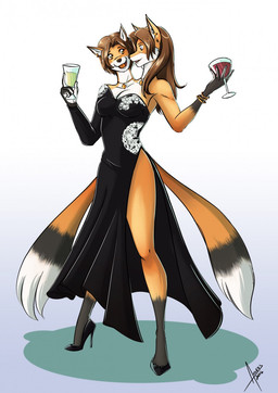 2_heads alcohol anthro bangle beverage black_clothing black_dress breasts cleavage clothed clothing conjoined dress duo female footwear high_heels jewelry multi_head multi_tail multifur shoes side_slit side_slit_clothing side_slit_dress slit_dress tail wine access karisha_and_mena canid canine fox mammal hi_res