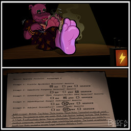 3_toes anthro bangle black_border border ear_piercing ear_ring feet feet_up female foot_focus foot_on_table furniture humanoid_feet jewelry lipstick makeup musk piercing plantigrade purple_body ring_piercing scratching smelly smelly_feet soles solo stink_fumes table text toes blarf022 five_nights_at_freddy's five_nights_at_freddy's_vr:help_wanted_2 patreon scottgames twitter mystic_hippo_(fnaf) common_hippopotamus hippopotamid mammal 2026 absurd_res english_text hi_res