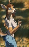 bottomwear clothed clothing denim denim_bottomwear denim_clothing female happy jeans jewelry necklace outside pants short_sleeves smile solo wolfywetfurr_(artist) cervine deer fallow_deer mammal hi_res