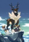 ambiguous_gender cloud detailed_background evolutionary_family feral forest fur grass group mountain nature outside plant sky snow tree wood young young_feral suikuyo nintendo pokemon deer deerling generation_5_pokemon mammal pokemon_(species) sawsbuck winter_deerling winter_sawsbuck