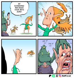 anus bald barefoot beard big_nose black_beard black_eyes black_facial_hair black_hair black_nose brown_body brown_clothing brown_ears brown_fur brown_shirt brown_tail brown_topwear clothing collar countershading crown dialogue dress facial_hair feet freckles fur green_body green_clothing green_dress green_skin green_tusks hair headgear humanoid_pointy_ears humor light_body light_skin lips long_ears long_hair orange_hair pointy_ears pointy_nose ponytail pose purple_beard purple_facial_hair rubbing_head scar shirt short_hair smile speech_bubble tail tan_body tan_countershading tan_fur tan_skin teeth teeth_showing text tiara topwear tusks viking_helmet wig x_anus yellow_sclera merrivius chad_(meme) elf_comic in_the_court_of_the_crimson_king king_crimson dawg_(merrivius) dwarf_(merrivius) elf_(merrivius) human_(merrivius) orc_(merrivius) canid canine canis domestic_dog dwarf elf human humanoid mammal orc comic english_text hi_res meme