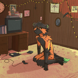 analog_clock anthro barbell_piercing black_body black_fur black_nose black_tail carpet cathode_ray_tube clock controller crt desk dipstick_tail ear_piercing ear_ring electronics facial_piercing floor fur furniture game_console game_controller gloves_(marking) green_inner_ear green_tail_tip humanoid_hands kneeling kneeling_on_ground leg_markings looking_away male markings nipple_barbell nipple_piercing nipples nose_piercing nose_ring orange_body orange_fur piercing ring_piercing socks_(marking) solo string_lights table tail tail_markings television text wall_(structure) wall_clock wood wood_furniture wood_paneling wood_wall dolceclaws ethel_cain dolce_(dolceclaws) 1:1 digital_drawing_(artwork) digital_media_(artwork) english_description english_text hi_res nonbinary_(lore)