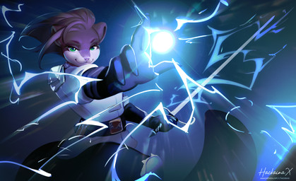 anthro brown_body brown_fur clothing dramatic_lighting electricity female fur green_eyes lightning magic melee_weapon rapier solo sword uniform weapon white_uniform hackainax camille_travers mammal mink mustelid musteline true_musteline hi_res