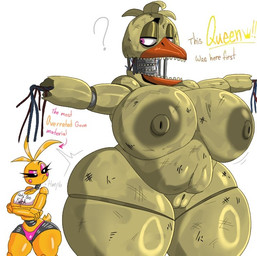 anthro areola beak beakless belly big_breasts black_sclera breasts clothing duo exposed_endoskeleton female genitals head_feathers huge_breasts machine navel nipples non-mammal_breasts non-mammal_nipples orange_beak overweight overweight_anthro overweight_female pink_clothing pink_thong pink_underwear simple_background text thick_thighs thong underwear vulva white_bib white_sclera wire japansadface five_nights_at_freddy's five_nights_at_freddy's_2 scottgames toy_chica_(fnaf) withered_chica_(fnaf) animatronic avian bird chicken galliform phasianid robot robot_anthro 2025 digital_media_(artwork)