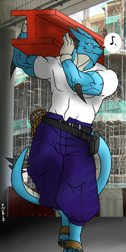 abs anthro belt biceps big_muscles biped blue_body blue_scales blue_skin bottomwear claws clothed clothing construction construction_beam construction_worker fangs footwear fully_clothed gloves grey_body grey_skin grin handwear horn looking_at_viewer male muscular muscular_anthro muscular_male pants pecs pose sandals scales shirt shoes smile solo standing tail teeth toe_claws topwear vein yellow_eyes hentist mythology ryuga_takagi dragon mythological_creature mythological_scalie reptile scalie 2013
