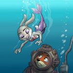 alternate_species anthro bubble buckteeth diving_suit duo fur green_eyes looking_at_another looking_up open_mouth open_smile purple_eyes scut_tail short_tail smile split_form tail teeth underwater water tony_helms disney zootopia judy_hopps nick_wilde canid canine fox hybrid lagomorph leporid mammal marine merfolk rabbit red_fox true_fox 1:1