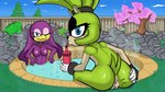 accessory anthro anus areola back_towards_viewer blue_eyes blue_sky bracelet breasts bubble cherry_blossom cherry_blossom_tree cherry_tree countershade_face countershading day dialogue digit_ring drinking_bottle drinking_straw duo ear_piercing female finger_ring flower forked_tail fruit_tree fur genitals grass green_body green_fur hair hair_accessory hair_tie hand_on_butt heart_symbol hot_spring hot_water in_pool jewelry leaning_against_object looking_at_viewer looking_back necklace nipples one_eye_closed piercing plant pool prunus_(flower) purple_body pussy rock sauna scut_tail short_tail shrub sitting sky spread_pussy spreading studded_bracelet studded_hair_tie studded_jewelry studs tail tied_hair tree unusual_anatomy unusual_tail water wink winking_at_viewer t-55dasha idw_publishing sega sonic_riders sonic_the_hedgehog_(comics) sonic_the_hedgehog_(idw) sonic_the_hedgehog_(series) surge_the_tenrec wave_the_swallow afrosoricid avian babylonian_(sonic) bird hirundinid mammal oscine passerine swallow_(bird) tenrec 2025 absurd_res hi_res