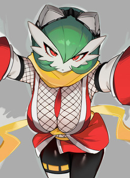 big_breasts breasts cleavage clothed clothing eyeliner female female_humanoid fishnet_clothing fishnet_topwear green_hair hair looking_at_viewer makeup red_clothing red_eyeliner red_eyes solo topwear white_body chunniwa nintendo pokemon izuna_(izuna_legend_of_the_unemployed_ninja) gardevoir generation_3_pokemon humanoid pokemon_(species) absurd_res hi_res
